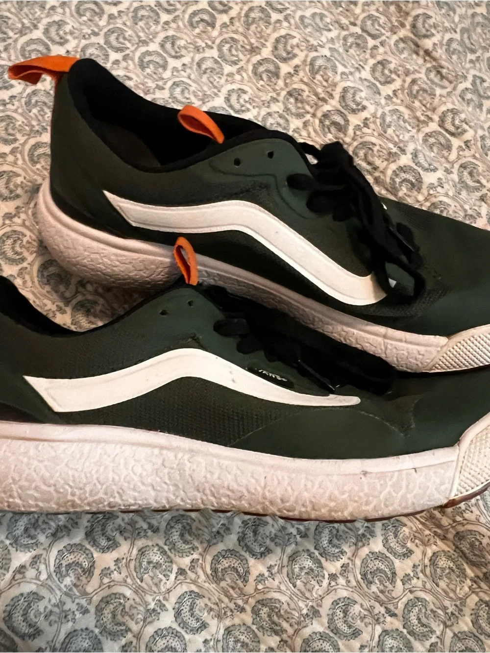 Vans Olive Green Low-Top Sneakers with White Side Stripe and Orange Accents
